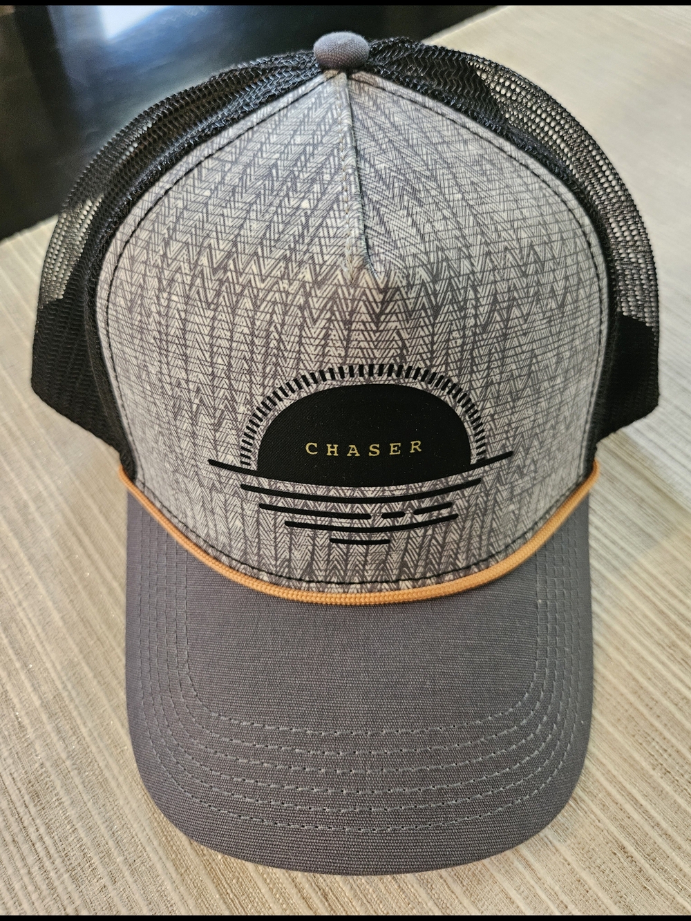 Chaser Grey Patterned Trucker Cap with Black Mesh and Tan Trim
